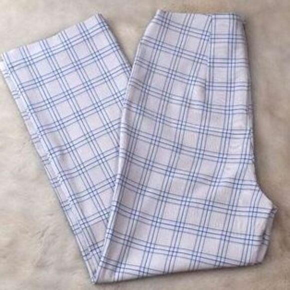 Womens Dress Pants Small Plaid Beige Blue Cropped Capris Preppy Casual Slacks - Picture 2 of 14